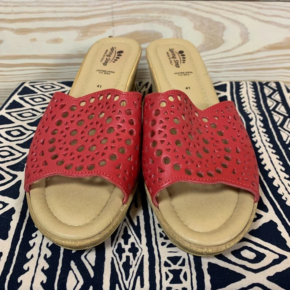 Spring Step Sandals US 10‎ Red Leather Laser Cut Wedges Italy EU 41 Tomato Girl